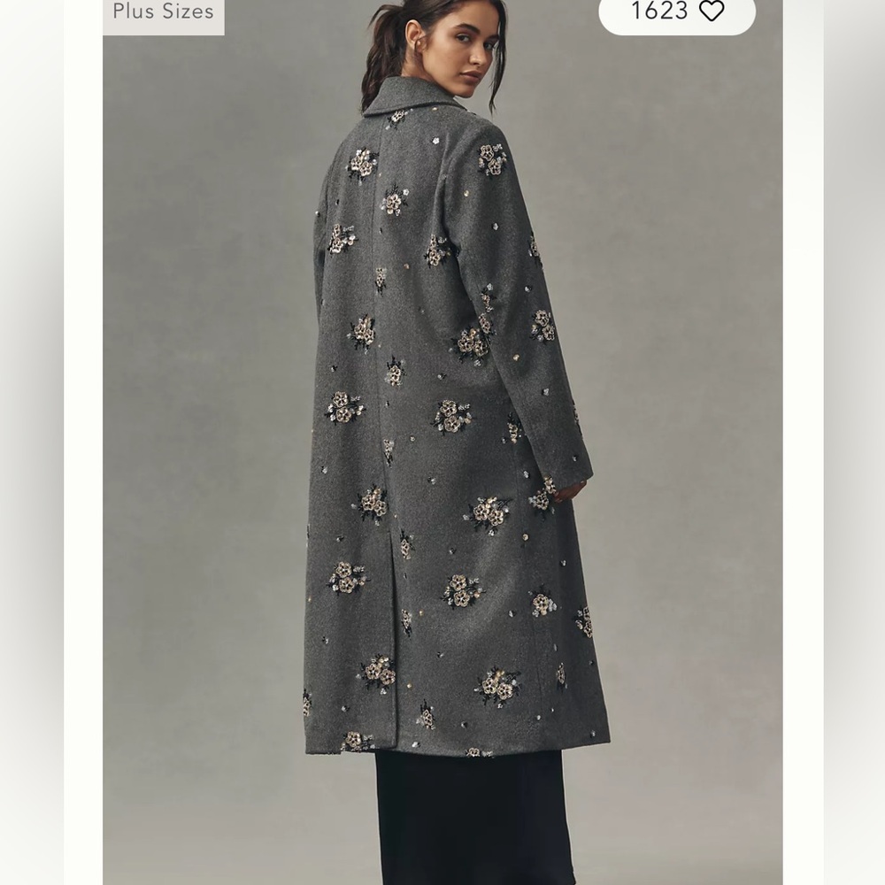Anthropologie Gray Floral Embroidered Elegant Long Coat🖤🩶 - Picture 5 of 15